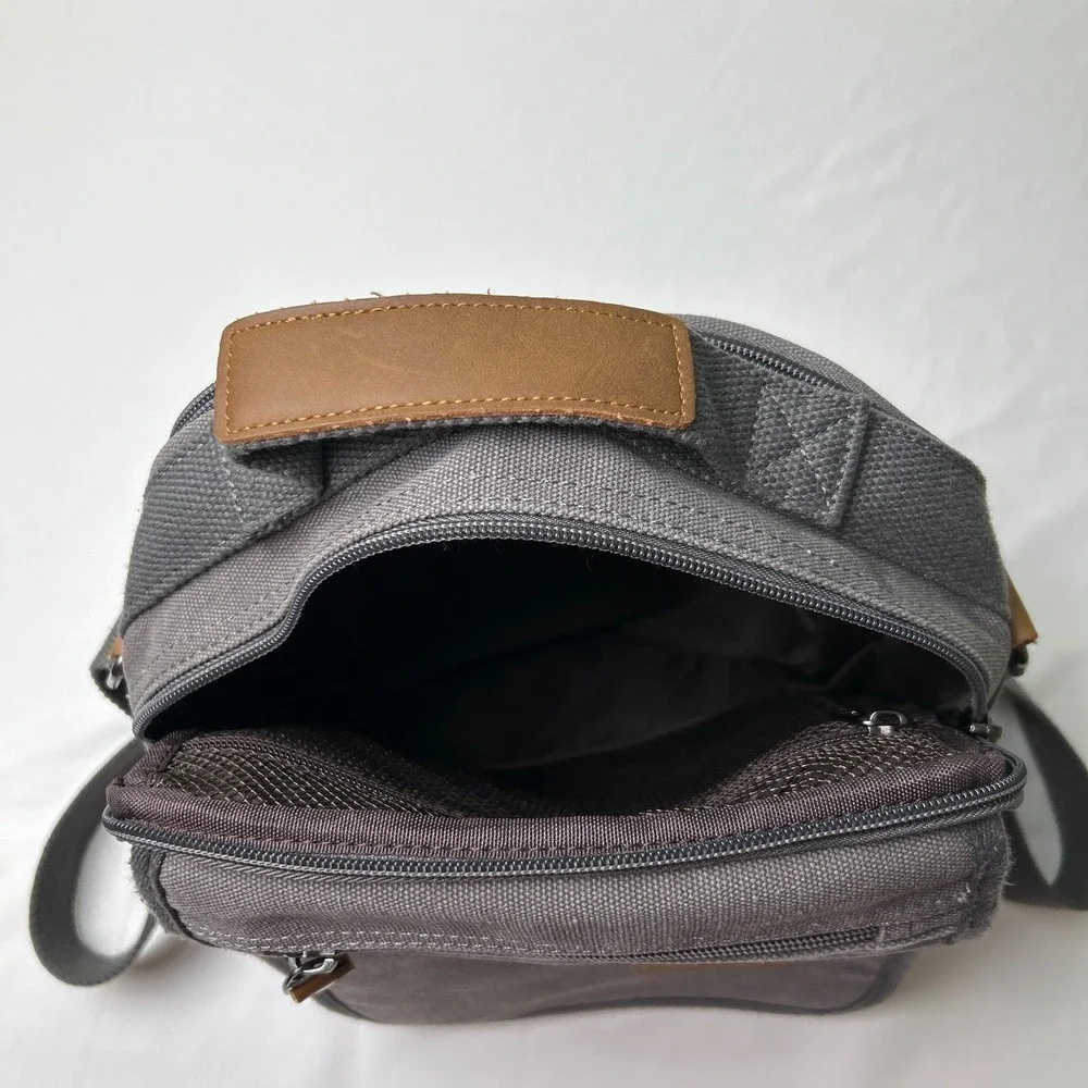 Plambag Mens Gray Canvas Multi Pocket Messenger Crossbody Bag Medium Gray